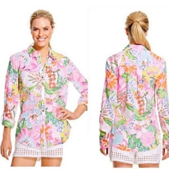 Lilly pulitzer nosey posey neon floral button up shirt size xs 100% cotton. - Picture 7 of 9